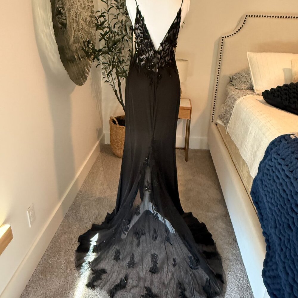 Jovani Black Embroidered Bodice Plunging Neck Prom Dress 23124